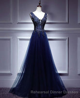 Dark Blue Lace V Neck Long Semi Formal Prom Dress, Lace Evening Dress